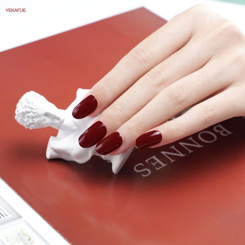 Gel Nail Strips 20 Pcs Wraps - Burgundy, Solid, Easy Apply Gel Nail Stickers Long Lasting, Salon-Quality, 2 Prep Pads, 1 File, 1 Wooden Stick, UV Light Required