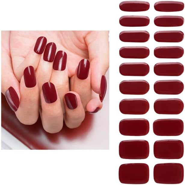 Gel Nail Strips 20 Pcs Wraps - Burgundy, Solid, Easy Apply Gel Nail Stickers Long Lasting, Salon-Quality, 2 Prep Pads, 1 File, 1 Wooden Stick, UV Light Required
