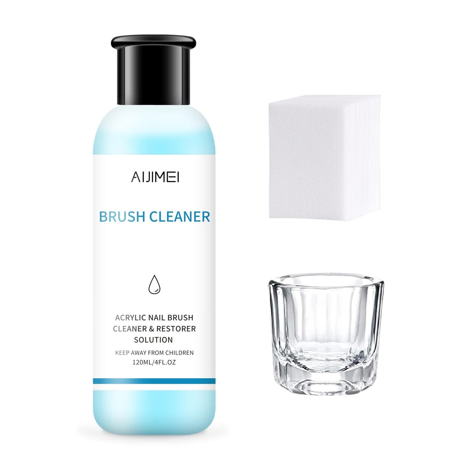 AIJIMEI Nail Brush Cleaner - 4oz Gel Solution for Preserving & Restoring Nail Art Brushes - Includes Glass Cup & Cleaning Cotton Pads - Effective Manicure Brush Cleaning Set (120ml)