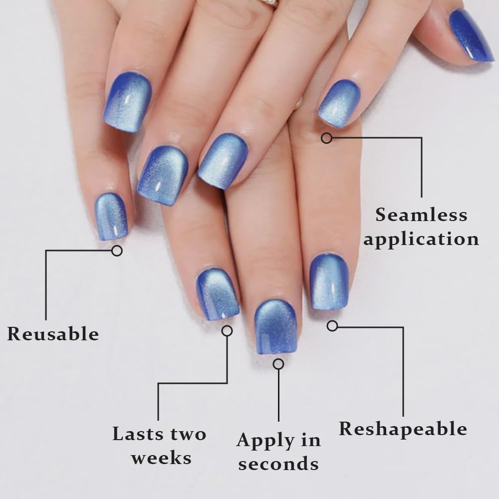 evpct Blue Cat Eye Extra Short Press on Nails Square, Petite Short Square Glue on Nails for Women Gift, Light Sky Blue Metallic Glitter Glossy Reusable Gel Press on Acrylic Fake Nail with Designs
