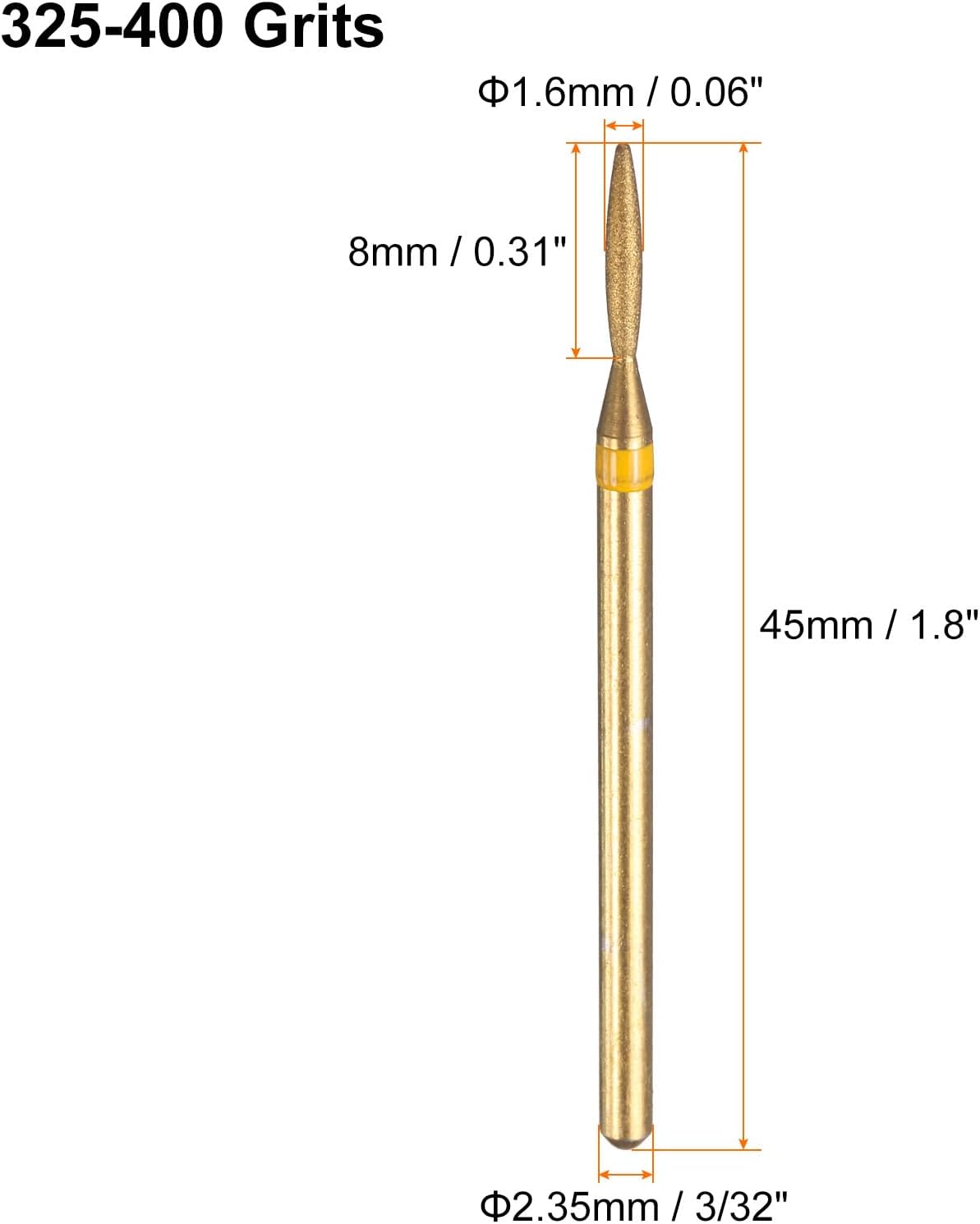 HARFINGTON 8pcs 325-400 Grits Diamond Grinding Bit 1.6mm Oval Head 2.35mm Shank 8mm Length Titanium Plated Stone Sanding Drill Bits Rotary Tool for Nails Grinding Polishing