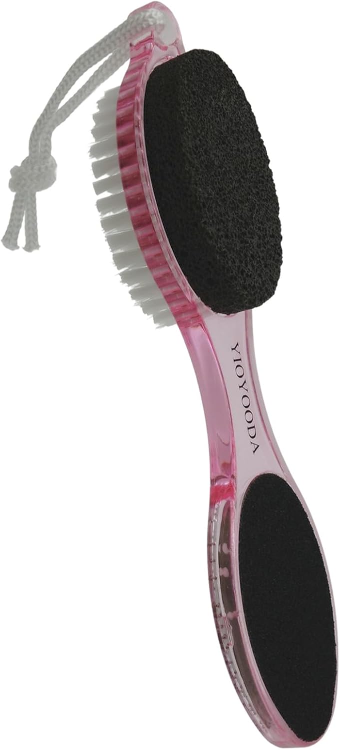 Foot File Callus Remover 4-in-1, Feet Scraper Pedicure Tools with Pumice Stone, Foot Scrubber Brush, Foot Rasp and Sand Paper, Double Sided Multi Purpose for Home Foot Care, Clear Pink