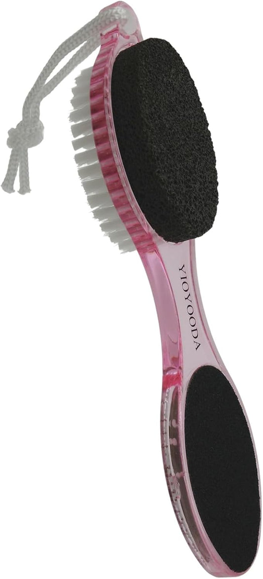 Foot File Callus Remover 4-in-1, Feet Scraper Pedicure Tools with Pumice Stone, Foot Scrubber Brush, Foot Rasp and Sand Paper, Double Sided Multi Purpose for Home Foot Care, Clear Pink