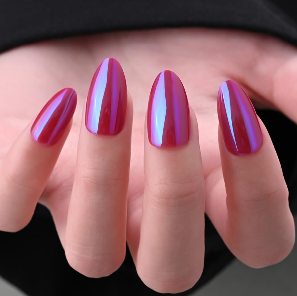evpct Dark Red Press on Nails Almond Short, Dark Purple Red Chrome Glazed Glossy Short Almond Soft Gel Press On Nails with Nail Glue for Women Gift, 15 Sizes 30Pcs Reusable Stick Acrylic Fake Nail Kit