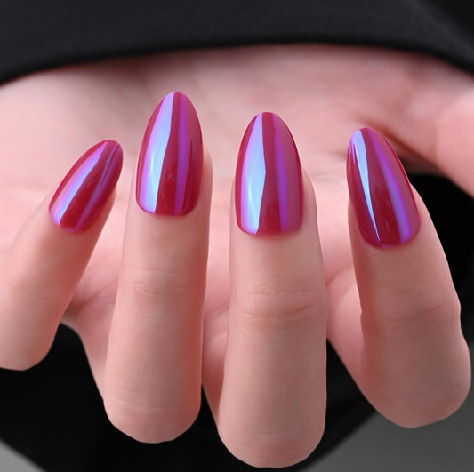 evpct Dark Red Press on Nails Almond Short, Dark Purple Red Chrome Glazed Glossy Short Almond Soft Gel Press On Nails with Nail Glue for Women Gift, 15 Sizes 30Pcs Reusable Stick Acrylic Fake Nail Kit