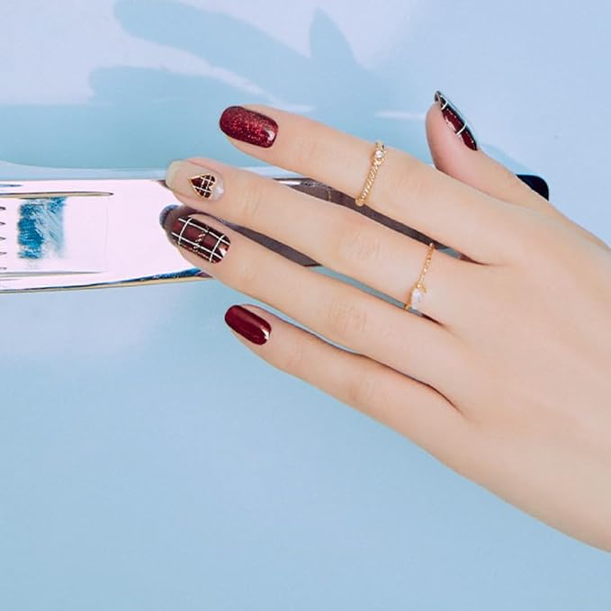 ohora Semi Cured Gel Nail Strips (N Tartan Bustier) - Red, Patterned, Works with Any UV/LED Lamps, Salon-Quality, Long Lasting, Easy to Apply & Remove - Includes 2 Prep Pads, Nail File & Wooden Stick