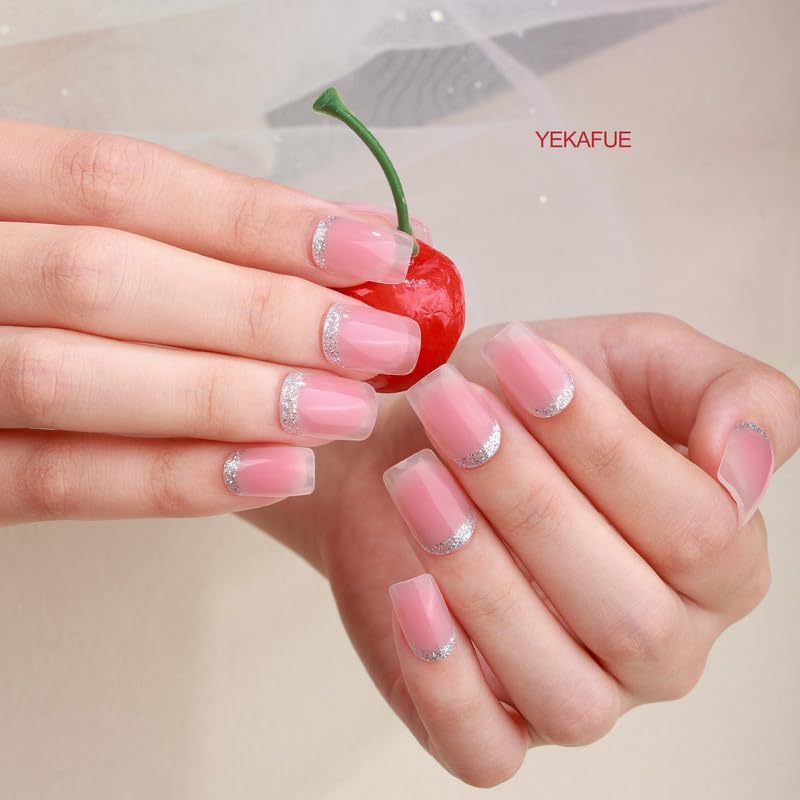 No Lamp Gel Nail Strips 22 Pcs Wraps - Pink Silver Glitter, Easy Apply Gel Nail Stickers Long Lasting, Salon-Quality, 2 Prep Pads, 1 File, 1 Wooden Stick