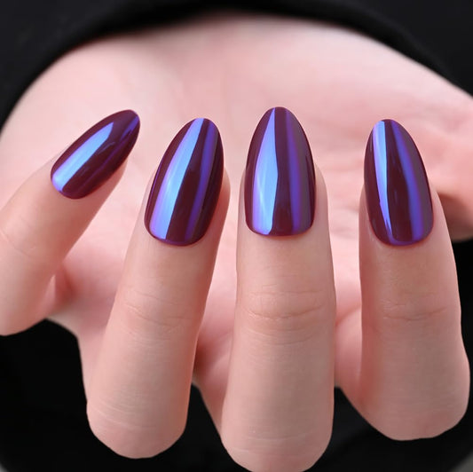 evpct Dark Purple Press on Nails Almond Short, Dark Purple Chrome Glazed Glossy Short Almond Soft Gel Press On Nails with Nail Glue for Women Gift, 15 Sizes 30Pcs Reusable Stick Acrylic Fake Nail Kit