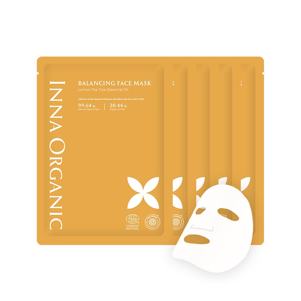 INNA ORGANIC Sheet Mask - Balancing & Oil Control, EWG & COSMOS Certified (Pack of 5) | Lemon Tea Tree Essential Oils Infused Skin Care | Luxury Clean Beauty