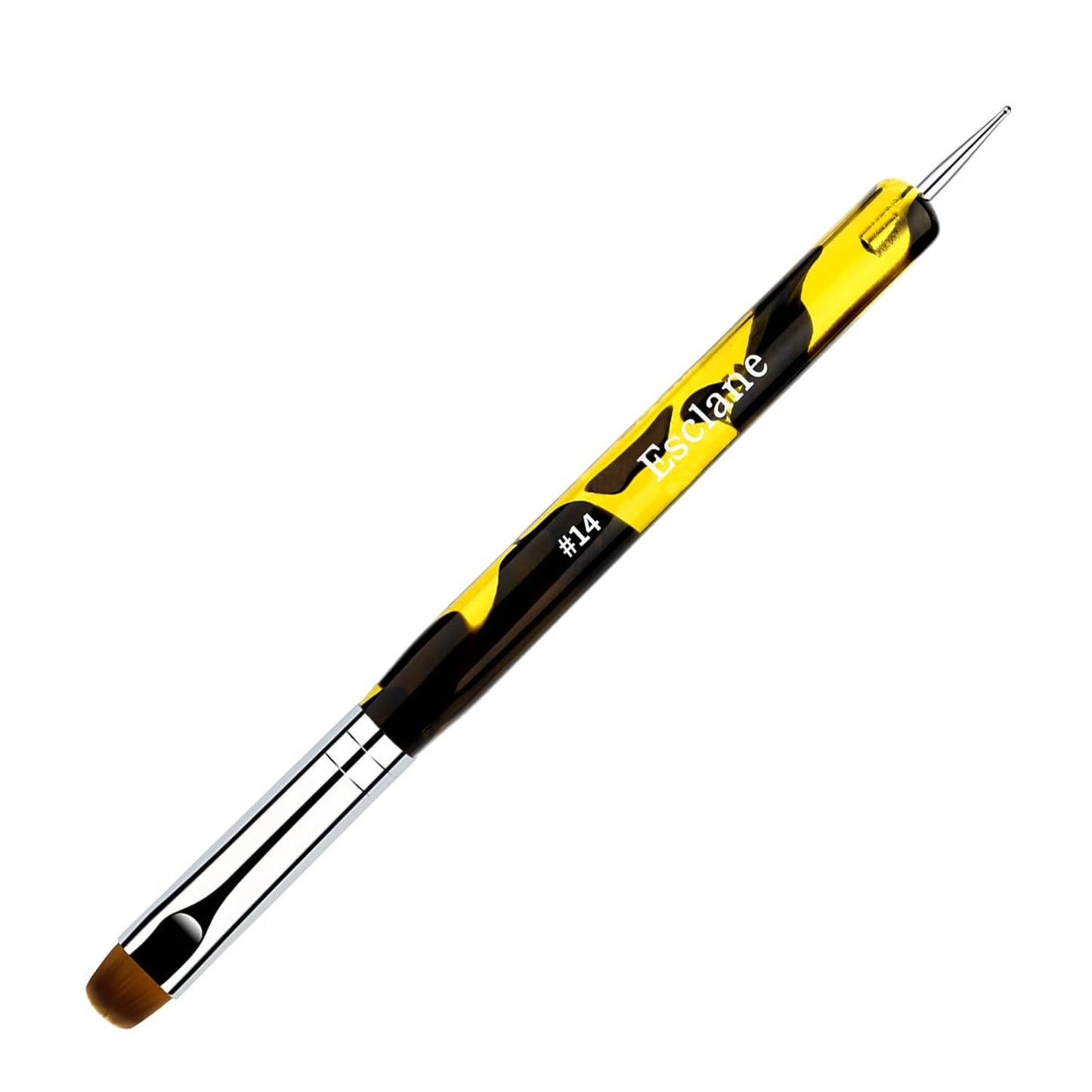 French Manicure Brush, Esclane 2 Way French Nail Brush with Dotting Tool for Manicure Cuticle Clean Up Nail Art Design, French Tip Brush (Yellow, #14)