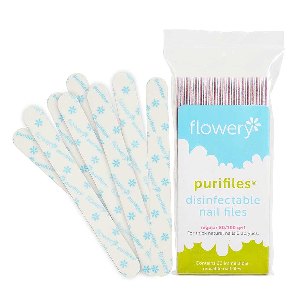 Flowery Purifiles Standard Pink Core Disinfectable Nail Files, 80/100 Grit, 20 per Pack