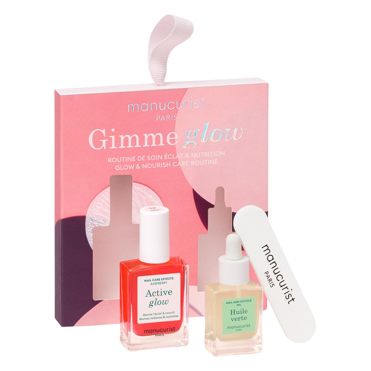 Manucurist Active Glow Raspberry Gift Set + Green Oil – Includes: 1 Care & Makeup Nail Polish, 1 Cuticle Nail Oil, 1 Complimentary Mini Nail File – Christmas Gifts for Women - Gift Box