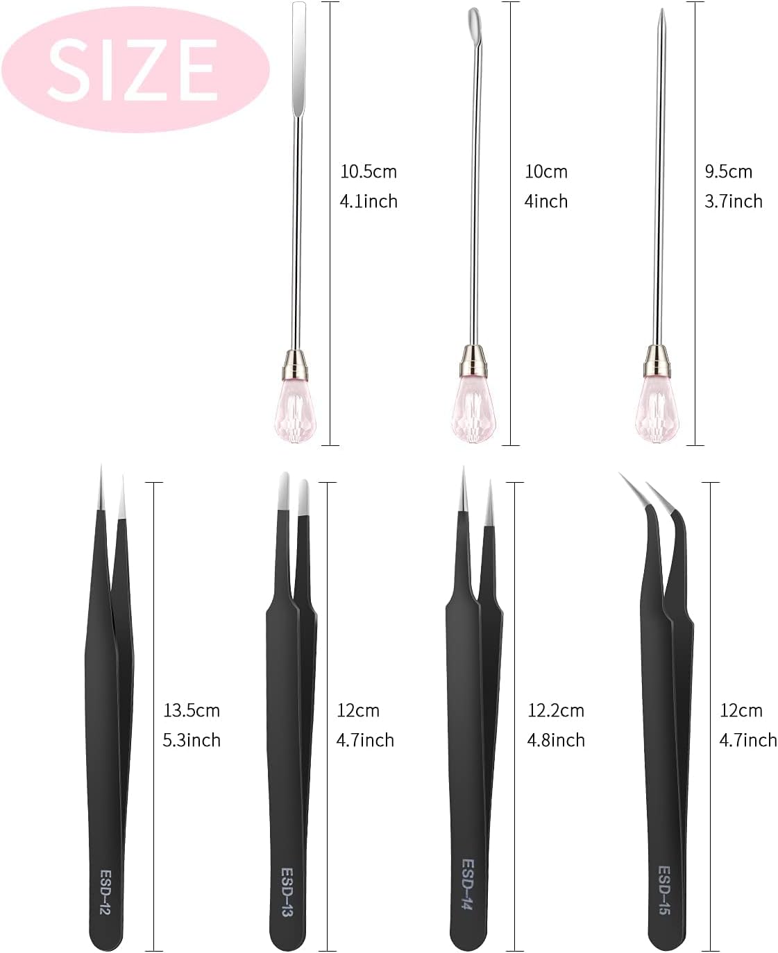 MSDADA 11 Pcs Silicone Resin Mold Tools Set Stirring Needle Spoon Tool Tweezers Precision Kit, Anti-Static Electronics Tweezers Set for Resin Art Crafts,Jewelry Making(Rose Red+Pink)