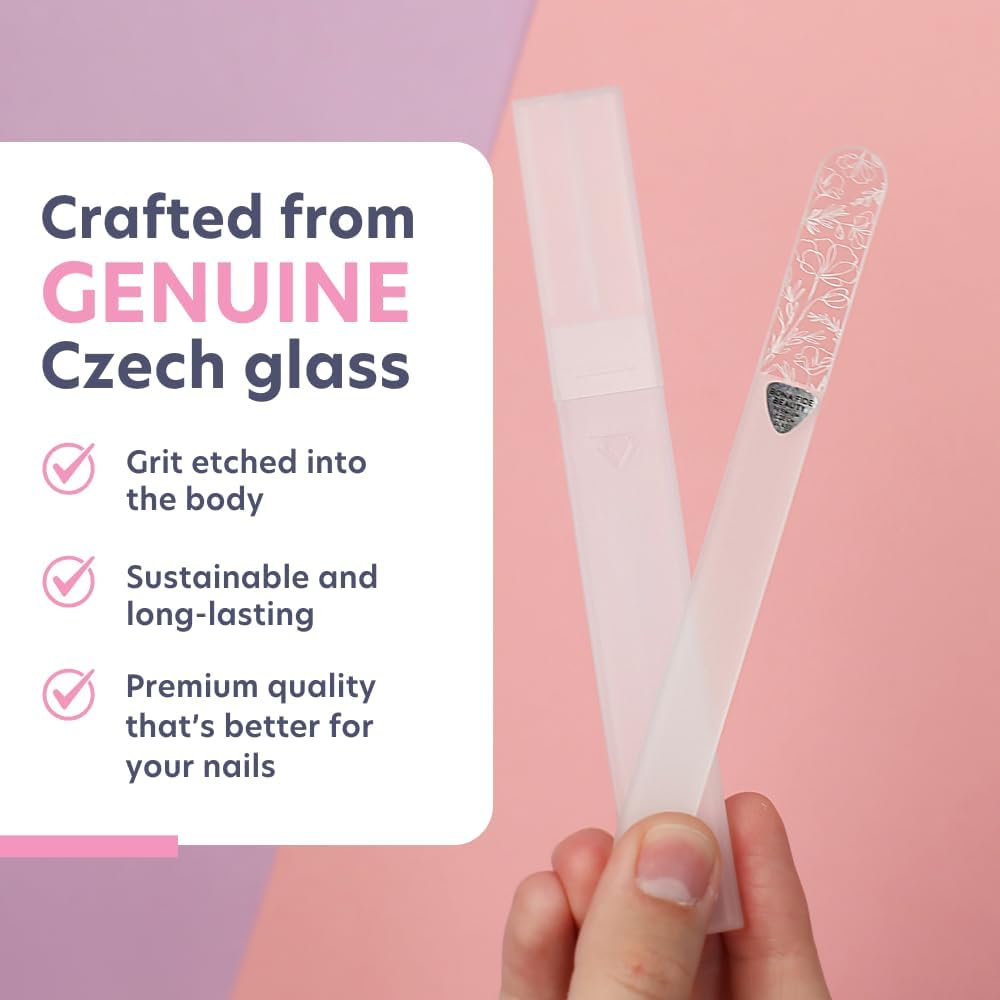 Bona Fide Beauty Czech Glass Nail File for Natural Nails (Floral Design), Giftable Box and New Travel Hardcase Included