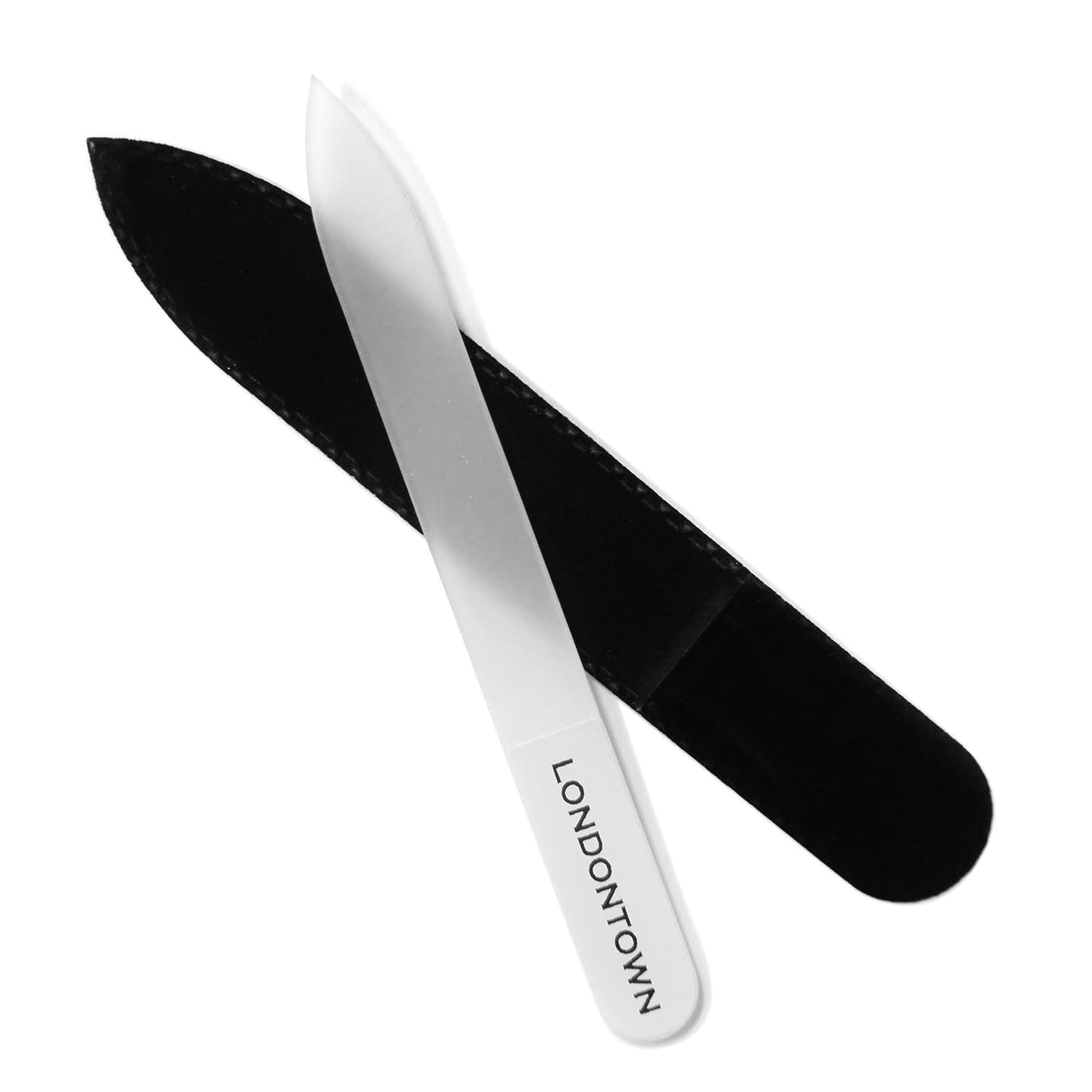 LONDONTOWN White Double-Sided Glass Nail File & Care Tool, Professional Grit Etched Crystal Manicure Accessory with Case Pouch
