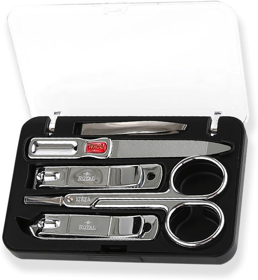 [Made in Korea] ROYAL 5 Pcs Compact Nail Clippers Set-Nail Clipper, Cuticle Remover, Nail File, Mini tweezer, Safety Scissors with Portable case Black