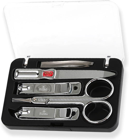 [Made in Korea] ROYAL 5 Pcs Compact Nail Clippers Set-Nail Clipper, Cuticle Remover, Nail File, Mini tweezer, Safety Scissors with Portable case Black