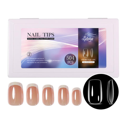Short Square Nail Tips 504PCS, Clear Acrylic Full Cover Gel Press on Nail Tips for DIY Salon, 12 Sizes Pre-Shaped False Nails with Glossy Finish, Professional Manicure Kit & Easy Application