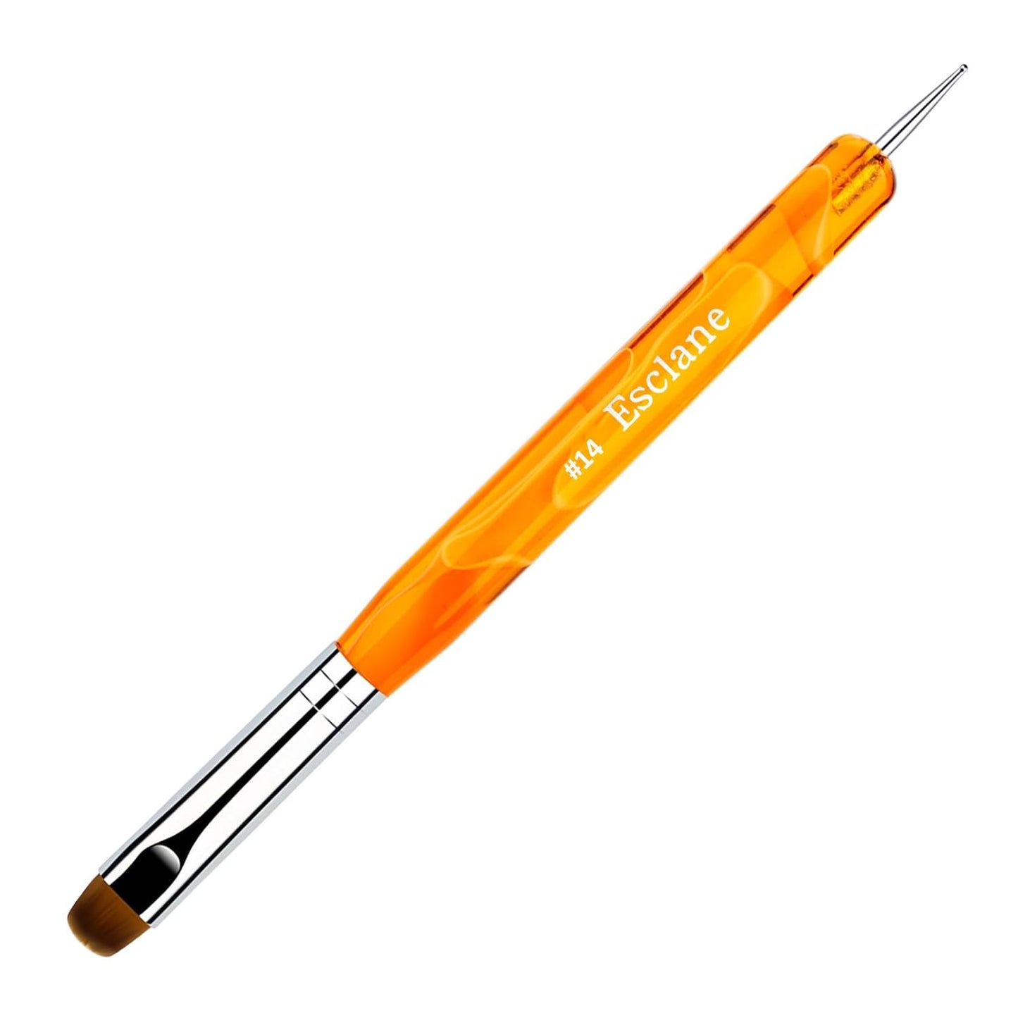 Esclane French Nail Brush, 2 Way Nail Art Brush with Dotting Tool, Orange Marble Acrylic Handle, Nail Dotting Pen
