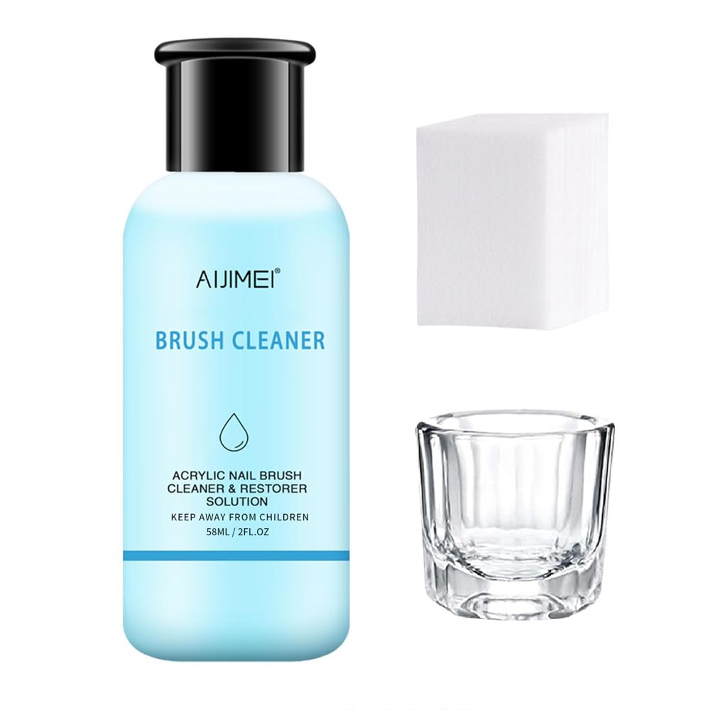 AIJIMEI Nail Brush Cleaner Restorer Nail Brush Cleaner Solution Clean Manicure Brushes Set A with Glass Cup & Cleaning Cotton Pads for Nail Art Brushes 58ml