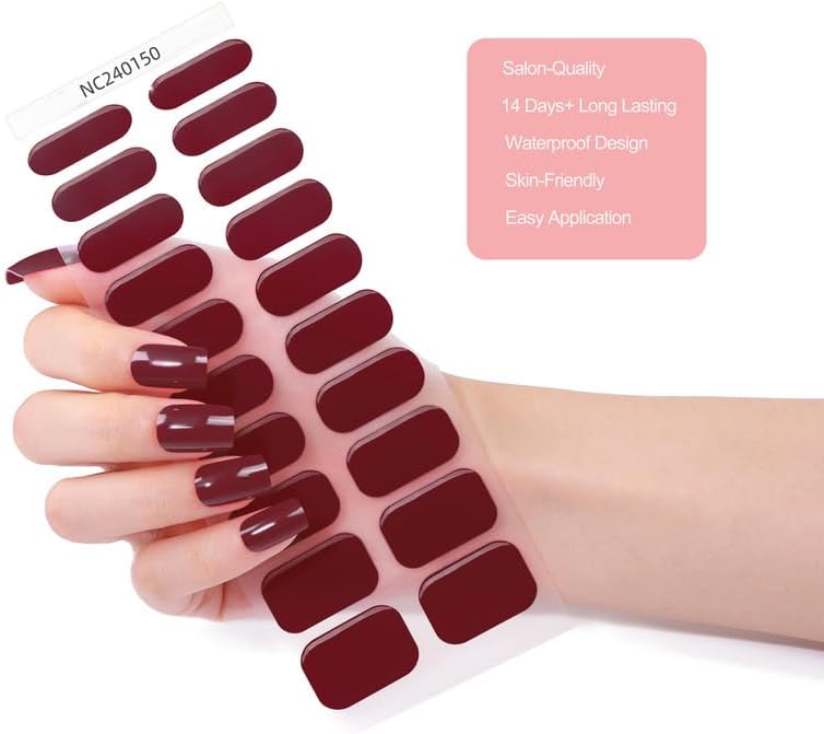 Gel Nail Strips 20 Pcs Wraps - Burgundy, Solid, Easy Apply Gel Nail Stickers Long Lasting, Salon-Quality, 2 Prep Pads, 1 File, 1 Wooden Stick, UV Light Required