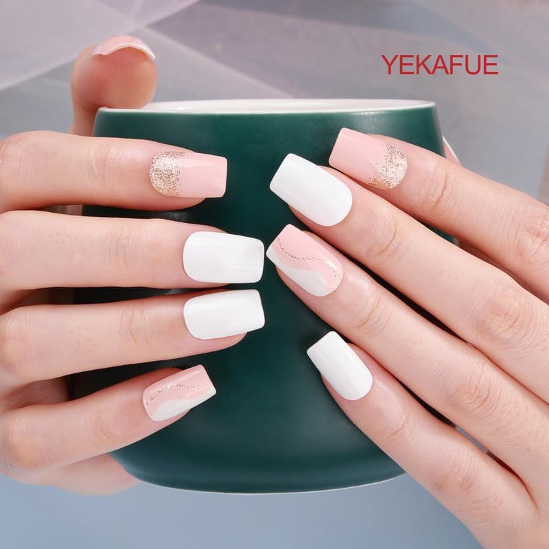 No Lamp Gel Nail Strips 22 Pcs Wraps - Pink White, Easy Apply Gel Nail Stickers Long Lasting, Salon-Quality, 2 Prep Pads, 1 File, 1 Wooden Stick