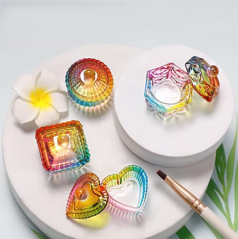A Set of Multicolour Hexagonal Prism Crystal Glass Dish with Lid,Hexagonal Prism Crystal Cup Acrylic Liquids Powder Glass Dish With Lid Crystal Bowl For Salon and Home,Nail Art and Polish