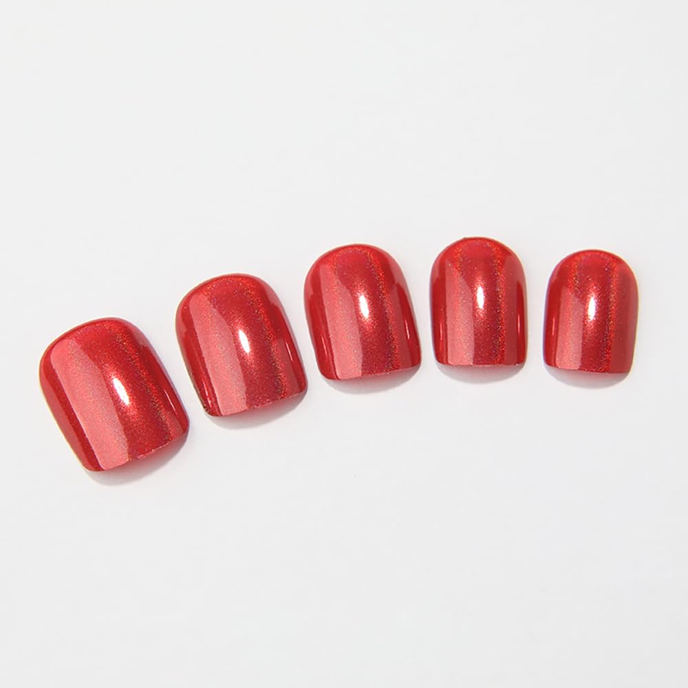 evpct Press on Nails Short Square for Women, Aurora Glazed Red Press on Fake Nails Reusable Glossy Stick on Nail for Women Girls Gift Glue on Nails Kit False Nail Polish Short with Accessories