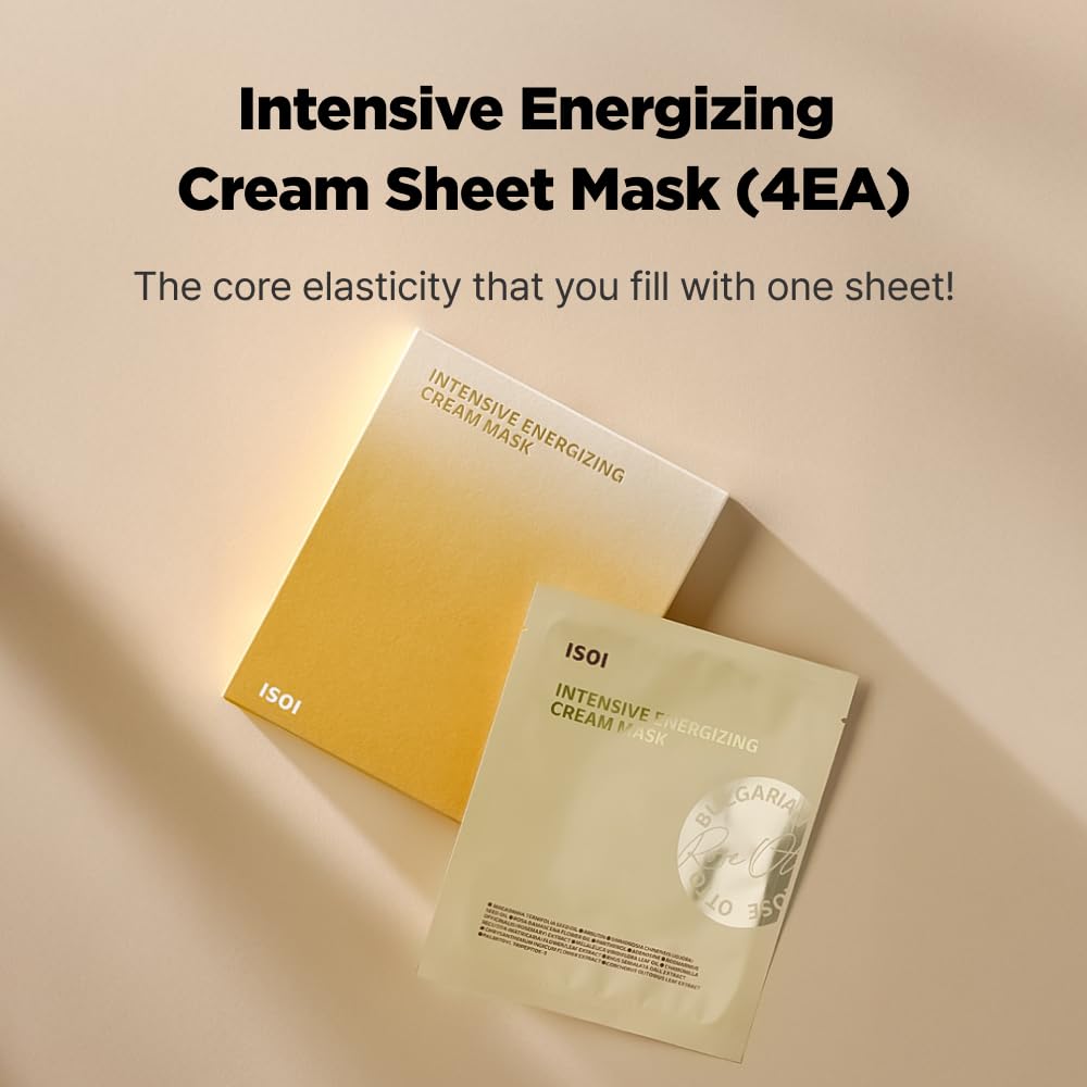 ISOI Intensive Energizing Cream Premium Sheet Mask for Skin Elasticity & Firmness, Infused with High-Moisturizing & Nourishing Firming Cream, Korean Face Mask (4EA)