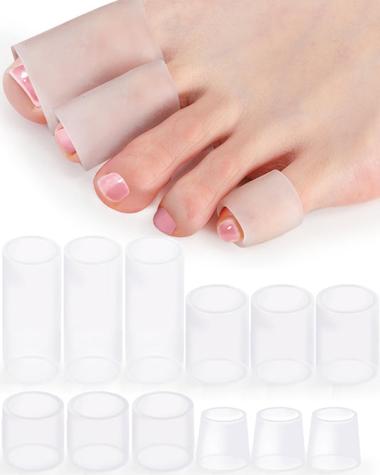 12PCS Silicone Toe Protectors Sleeves Gel Corn Pads Toe Tube Cushions with 4 Size, Soft Toes Covers for Women Men Pain Relief, Calluses, Blisters, Hammertoe (12Pc, Silicone)