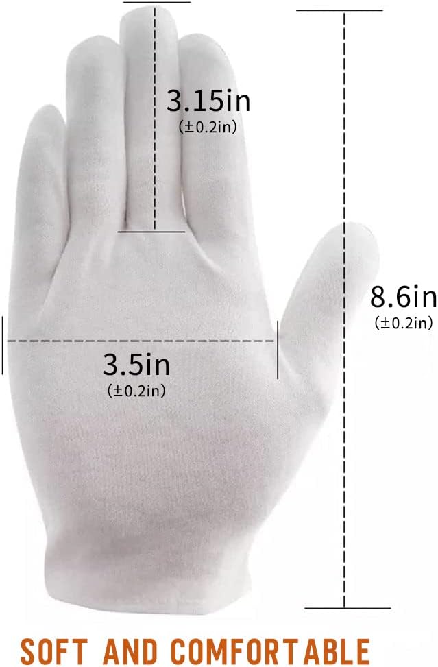 White Cotton Gloves, 12 Pairs of White Gloves are Suitable for Dry Hand Moisturizing Cosmetics, Hand Spa, Jewelry Coin Inspection, Inspection Gloves, and Service Gloves. Elastic Moisturizing Gloves