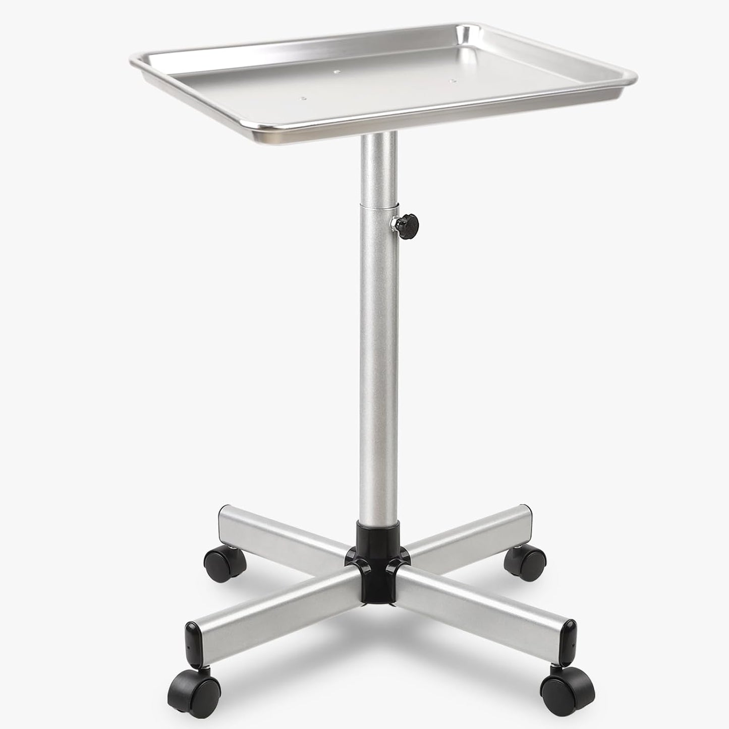 Salon Tray, Silver Salon Tray, Tattoo Tray on Wheels, Metal Salon Rolling Tray, Salon Services Tray Height-Adjustable, (Silver)