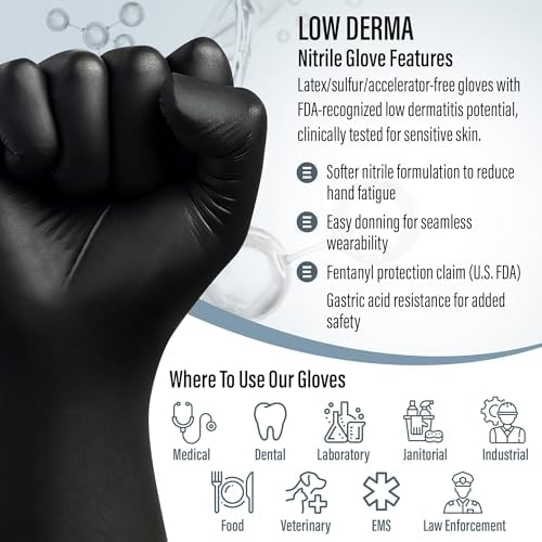 Ensure Black Nitrile Gloves Low Dermatitis 7 Mil, Heavy Duty, Puncture & Chemical Resistant, Disposable, Exam Gloves