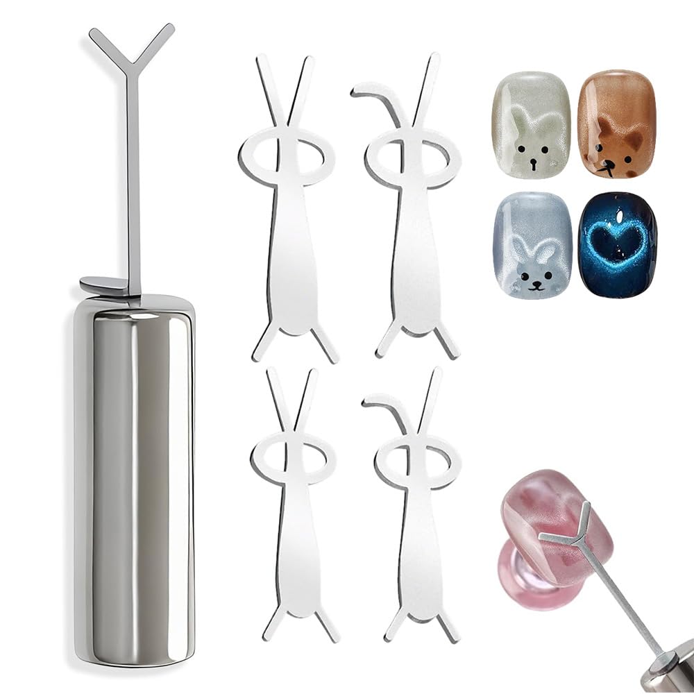 Heart Magnet for Cat Eye Gel Polish, Magnetic Nail Art Tool for Stunning Cat Eye Effect, DIY Manicure Kit with Y-Shaped Guide Sticks, Nail Magnet for Home and Salon Use (4 rabbits + 1 heart)