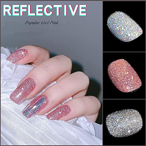 MIZHSE Diamond Gel Nail Polish, Reflective Glitter Pink Gel Polish, Sparkly Shiny Shimmer Nail Art Varnish Manicure, Soak Off LED Lamp, for Beginners DIY at Home