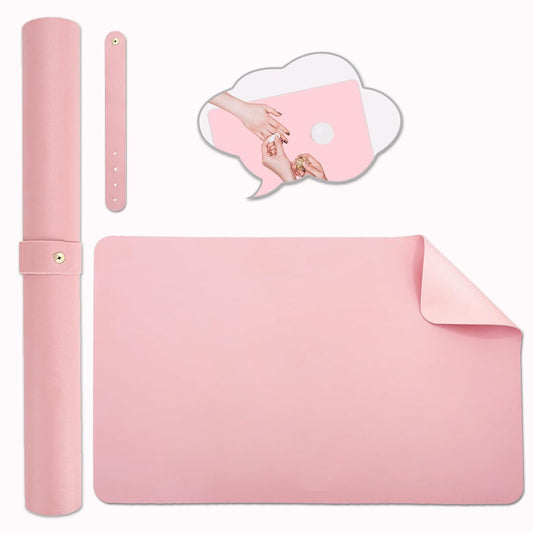 Double-sided Nail Table Mat for Nail tech - Soft Microfiber PU Leather Nail Desk Mat - Foldable Nail Art Table Mat Acetone Resistant for Nails Salon Home (Pink) (Mat Only)
