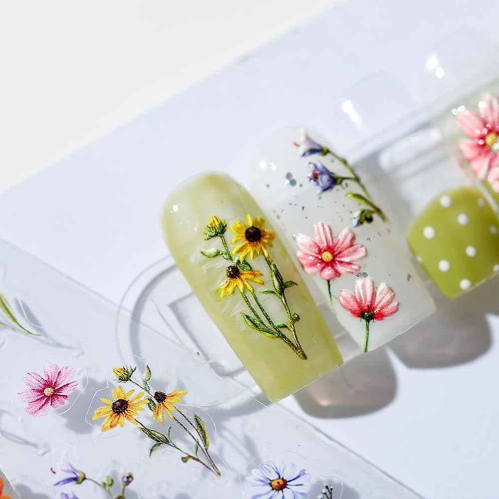 1Pcs Embossed Flower Nail Stickers Small Daisy Nail Decals 5D Embossed Wildflower Nail Art Stickers Spring Summer Self-Adhesive Nail Supplies Flower Design Nail Art Decoration for Women Girls Kids