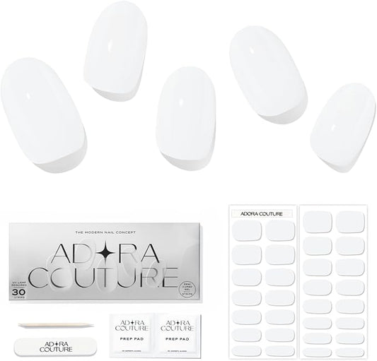 Semi Cured Gel Nail Strips with 30 Pieces - UV Gel Stickers, Manicure Kit, Easy Application Wraps Includes Prep Pads, Nail File, Wooden Stick - UV Light Required (Simple White)