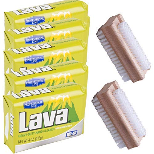 Lava Hand Cleaner Heavy-Duty Pumice (Professional Line) soap with Moisturizers, 5-bars [4 OZ each] and 2 Wooden Nail Brushes