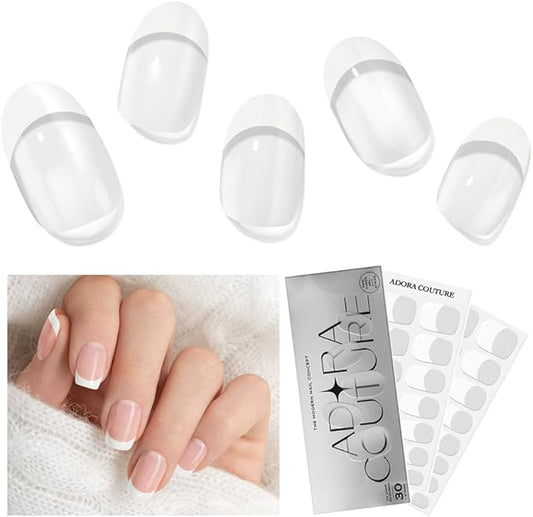 Semi Cured Gel Nail Strips with 30 Pieces - UV Gel Stickers, Manicure Kit, Easy Application Wraps Includes Prep Pads, Nail File, Wooden Stick - UV Light Required (White French 2B)