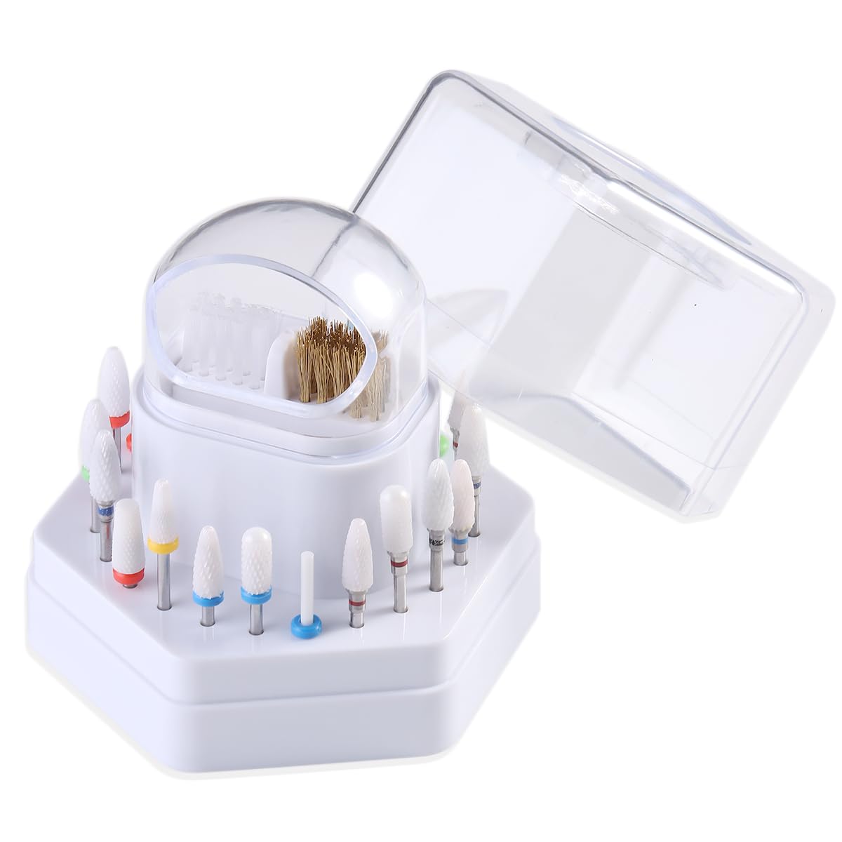 2 in1 Nail Drill Bit Holder and Nail Drill Bits Cleaner Brush Case, 24 Holes White Nail Drill Bit Holder Stand Display Organizer Dust Proof Storage Container Box Case Nail Tech Supplies