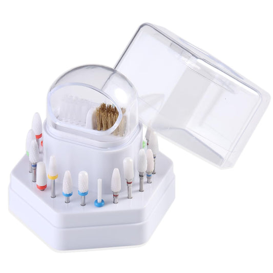2 in1 Nail Drill Bit Holder and Nail Drill Bits Cleaner Brush Case, 24 Holes White Nail Drill Bit Holder Stand Display Organizer Dust Proof Storage Container Box Case Nail Tech Supplies