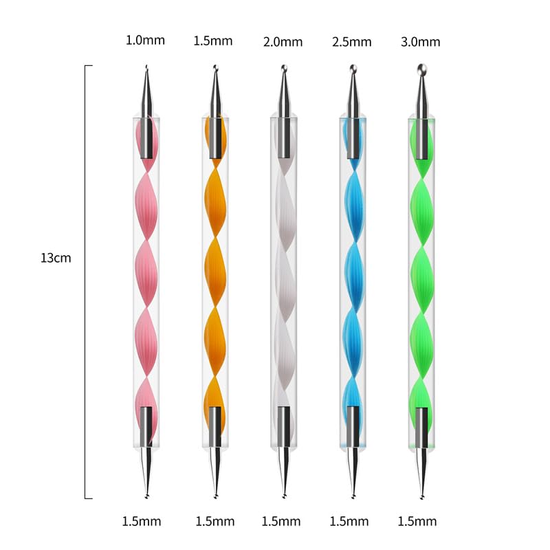 Nail Dotting Tools Kit - 10 Pcs, 5 Double-end Tools, 5 Nail Liner Brushes