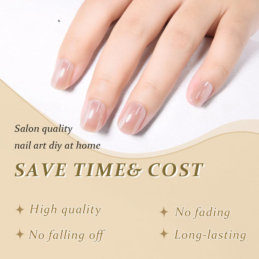 evpct Nude Glazed Press on Nails Short Square for Women Girls Gift, Chrome Glazed Nude Fake Nails Reusable with Soft Gel, Glossy Glitter Stick Glue on False Nail Kit Salon Quality DIY at Home, 01