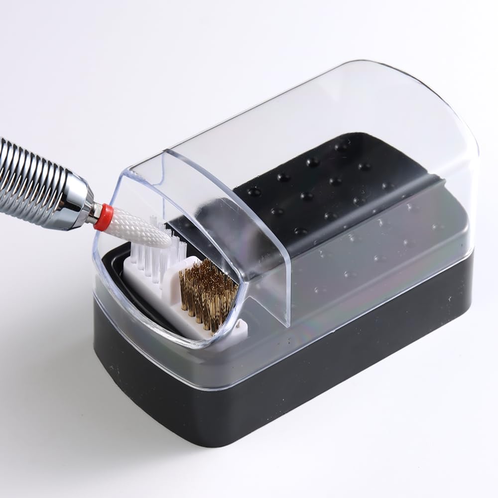 2 in 1 Nail Drill Bits Holder with Nail Drill Bits Cleanser, 30 Holes Dustproof Drill Bits Stand Display Storage Box, Steel Wire & Nylon Double Brush Manicure Drill Cleaning Tools for Home Salon
