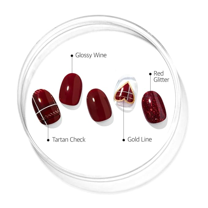 ohora Semi Cured Gel Nail Strips (N Tartan Bustier) - Red, Patterned, Works with Any UV/LED Lamps, Salon-Quality, Long Lasting, Easy to Apply & Remove - Includes 2 Prep Pads, Nail File & Wooden Stick