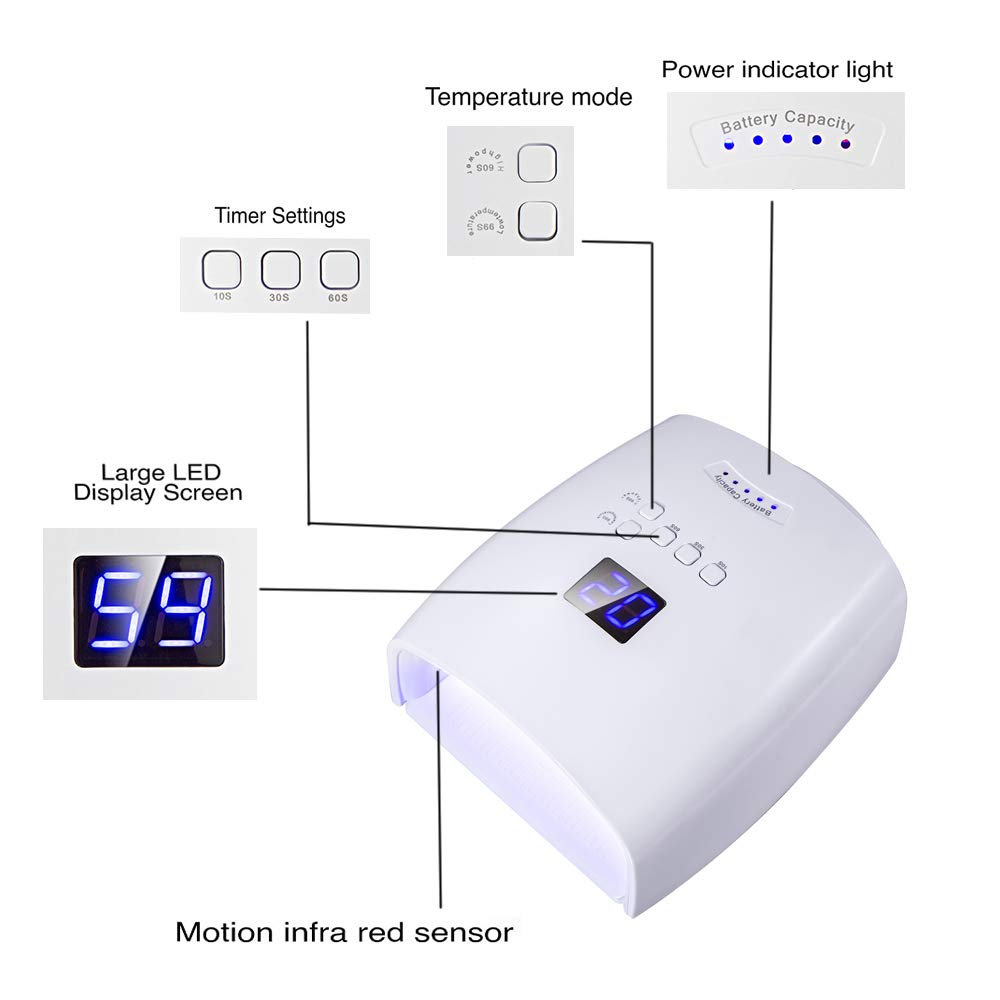 48W Rechargeable UV LED Nail Lamp,Cordless Professional Gel Nail Art Lights Manicure Tools for Home and Salon (White)