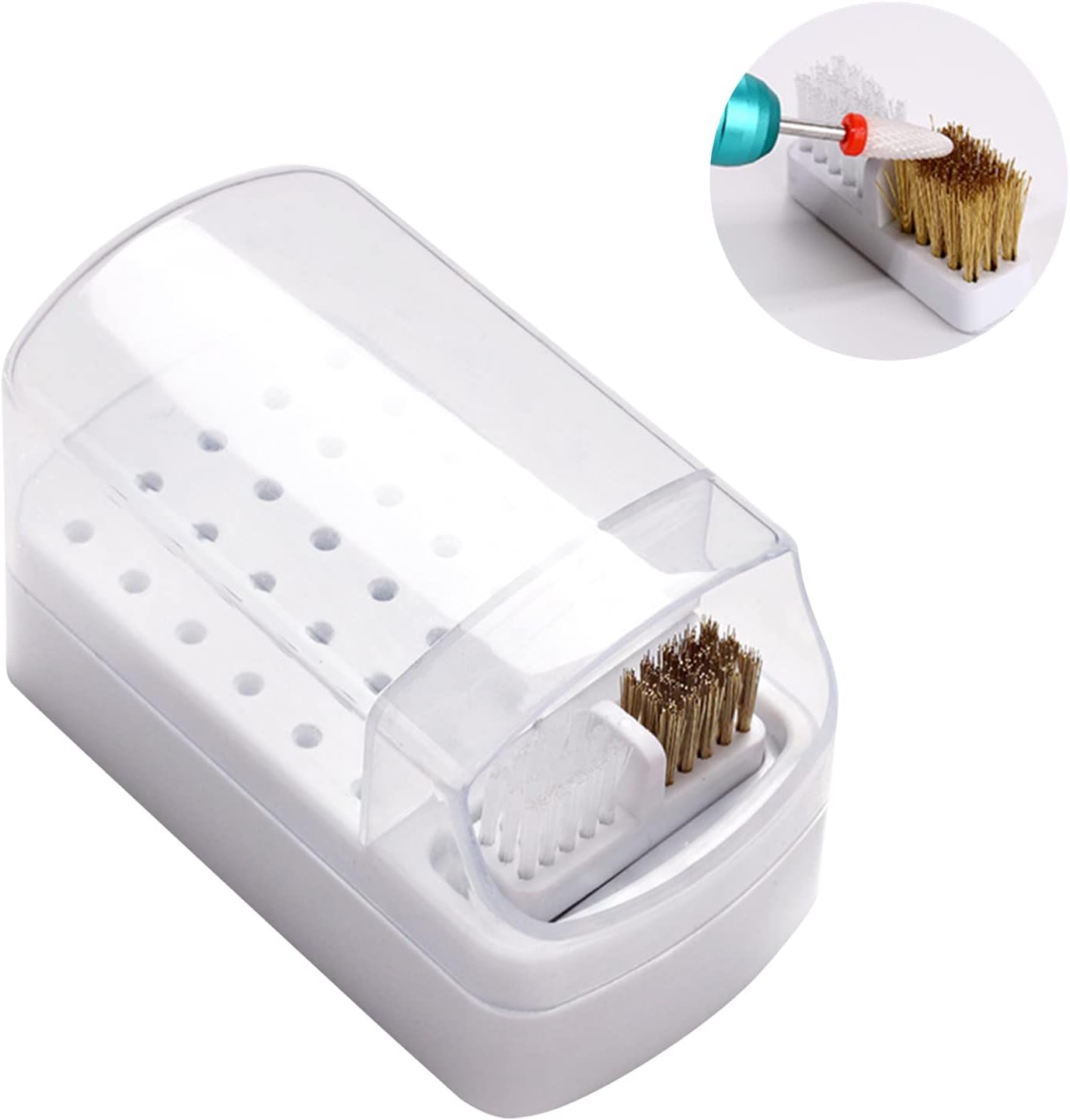 2 in 1 Nail Drill Bits Holder & Nail Drill Bits Cleaning Brush Case, Electric Nail Drill Bits Holder Stand Display Organizer Dustproof Case for Nail Manicure Tools(White)