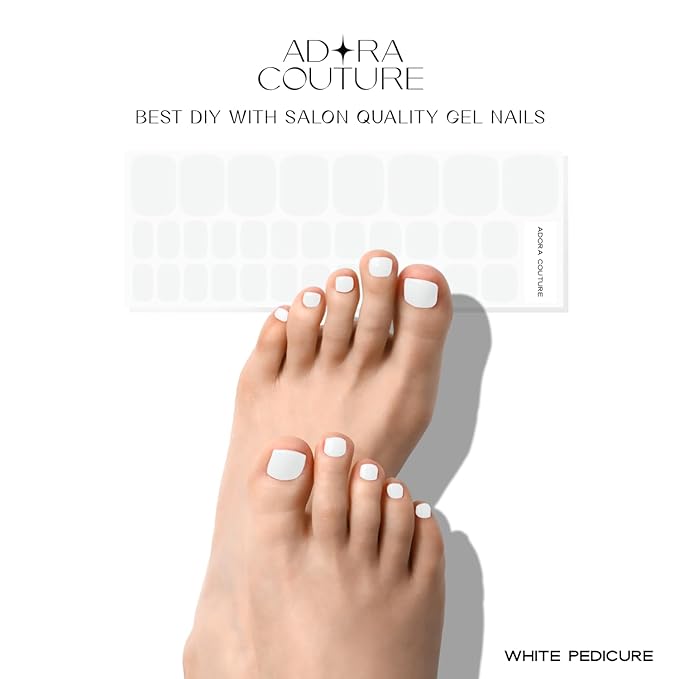 Semi Cured Gel Nail Strips - 32 pcs Gel Pedicure Stickers, Easy to Apply & Remove Toenail Stickers, Salon Quality at Home & Long Lasting - UV Nail Lamp Required - White P