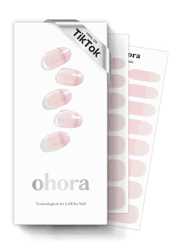 ohora Semi Cured Gel Nail Strips (N Romantic French) - Pink, French, Works with Any UV/LED Lamps, Salon-Quality, Long Lasting, Easy to Apply & Remove - Includes 2 Prep Pads, Nail File & Wooden Stick